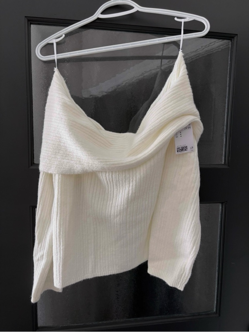H&M Cream Off-Shoulder Ribbed Long Sleeve Top